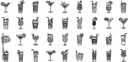 Food  Drink Industry Hand-Drawn Black and White Line Art Collection of Cocktails, Summer Beverages, and Alcoholic Drinks in Various Glasses