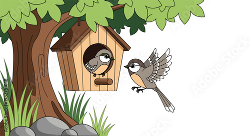 Illustration of a bird flying towards its wooden birdhouse where a small chick is waiting inside a hole on a tree branch.
