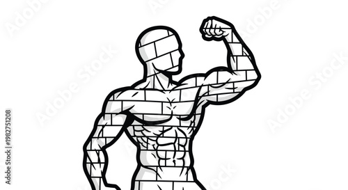 Mosaic flexing man, strong athletic pose, black and white vector, fitness icon, bodybuilding illustration