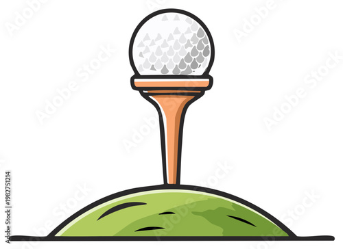 Golf ball balanced on an orange tee on a green grassy mound ready for a swing