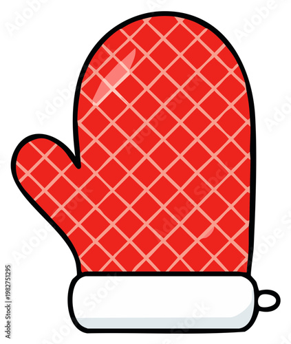Red checkered oven mitt with white cuff and loop