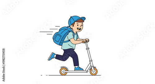 Energetic young boy with a blue backpack and cap riding a kick scooter at high speed with motion lines on a white background.
