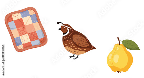 Educational collection of three items starting with the letter Q including a colorful patchwork quilt, a quail bird, and a yellow quince fruit.
