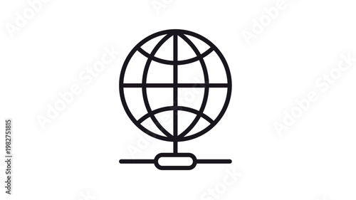 Global network connectivity vector icon illustration featuring a minimalist black line art globe symbol connected to a server node, representing internet, world wide web, and communication.