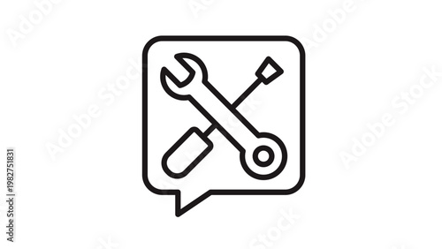 Schilderij op canvas Technical support and repair service vector icon illustration featuring a crossed wrench and screwdriver inside a speech bubble, symbolizing maintenance help, customer care, and assistance