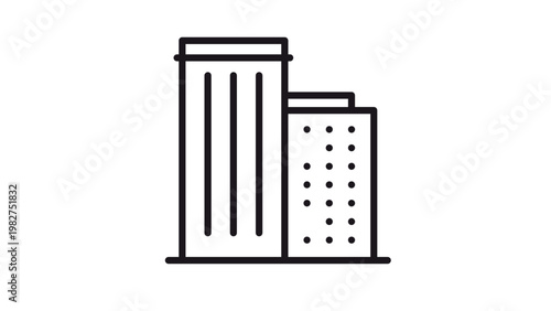Minimalist black vector icon of two office buildings or skyscrapers, representing urban architecture, city business centers, and real estate development, isolated on a white background.