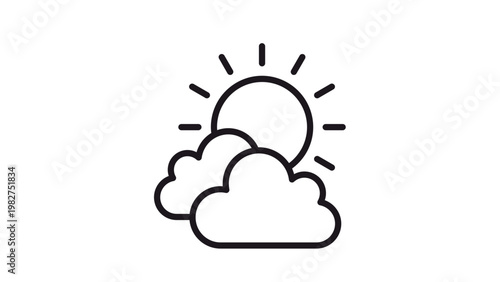Partly cloudy weather vector icon featuring a sun behind two fluffy clouds, minimalist black line art symbol for meteorological forecasts, climate conditions, and atmospheric science illustration.