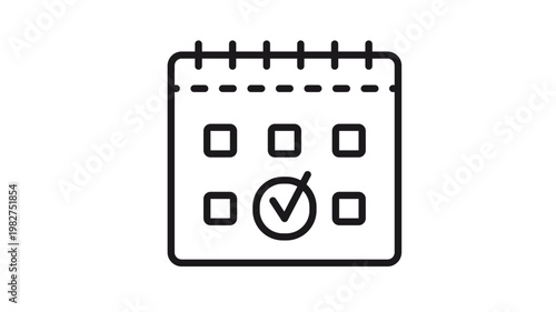 Minimalist black vector icon illustration of a calendar with a checkmark symbol on a specific date, representing scheduling, appointment booking, deadline completion, and time management planning.
