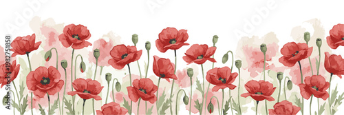 Vibrant Red Poppies Bloom in a Delicate Watercolor Garden.