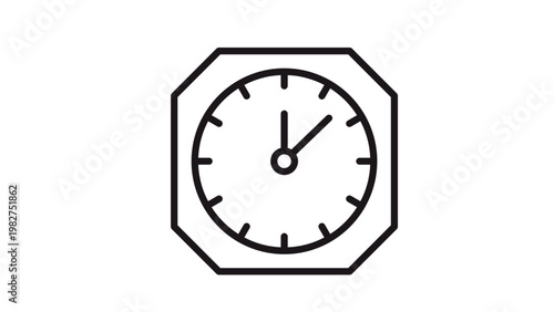 Minimalist black vector line icon of an octagonal wall clock with hands showing the time, isolated on a white background for time management, scheduling, and deadline concepts illustration.
