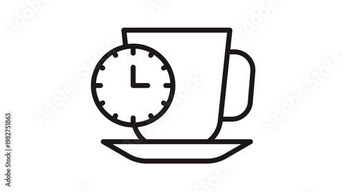 Minimalist coffee break vector icon illustration featuring a black line art cup on a saucer with an overlaid clock symbol representing tea time, office break, morning routine, and time management.