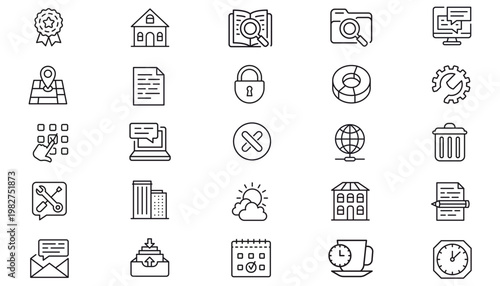 25 Minimalist Black Vector Icon Set Bundle, Line Art Symbols for Web and App Design. Collection Includes Security Lock, Award, House, Map, Gear, Laptop, Calendar, Clock, Document, and Communication