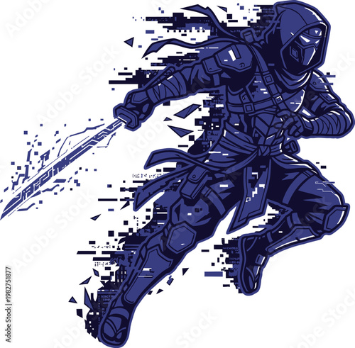 Glitching ninja assassin in motion with glowing sword, digital glitch effect, dark blue silhouette