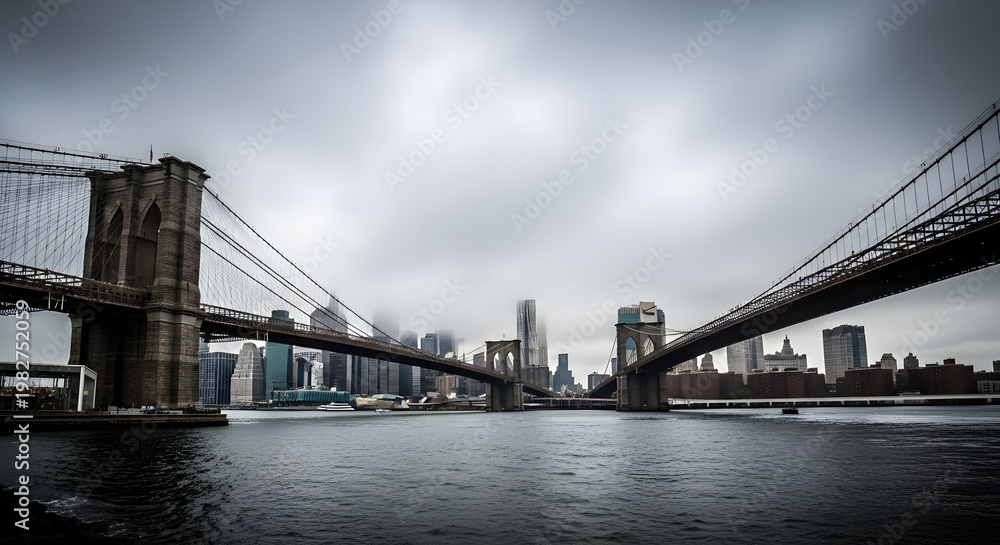 Fototapeta premium Iconic Brooklyn Bridge spanning the East River under a cloudy sky, with Manhattan skyline in the distance