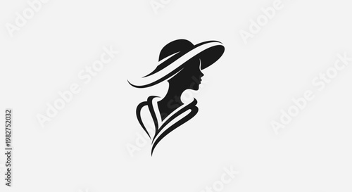 Elegant black silhouette of a woman wearing a stylish hat with flowing brim profile view on white background