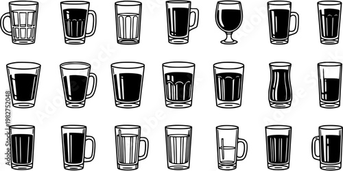 Black and White Line Art of Assorted Glasses for Beverages, Drinks, Alcohol