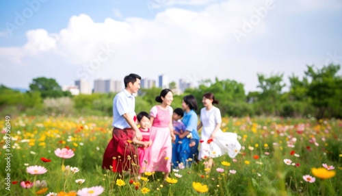 Happy Family Enjoying a Sunny Day in a Vibrant Flower Field.