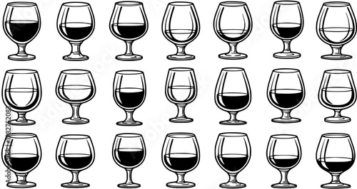 Black and White Line Art of Assorted Empty and Full Brandy Glasses