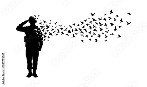 Silhouette of a saluting soldier transforming into a flock of birds symbolizing peace and remembrance.