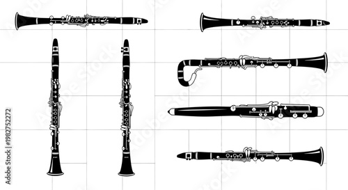 Various black and white clarinet musical instrument illustrations in different positions on grid background
