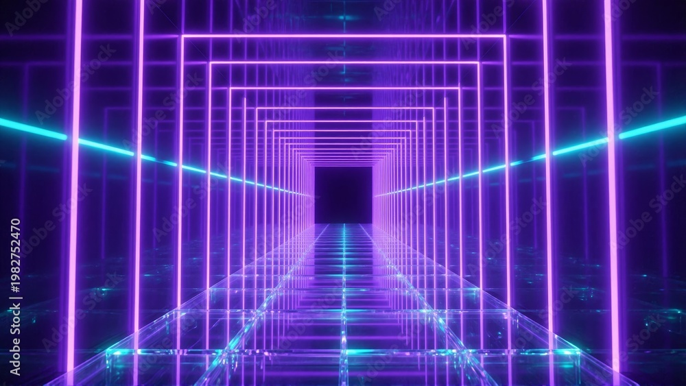 Fototapeta premium Futuristic Neon Tunnel with Purple and Cyan Light Grid