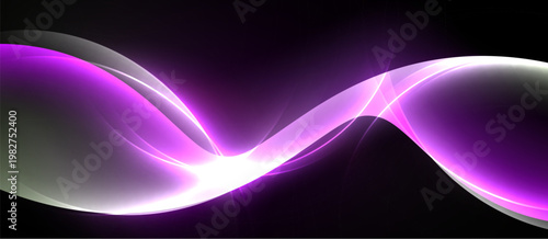 Abstract waves, vibrant purple hues, glowing light effects. Smooth curves create dynamic visual flow against dark backdrop.