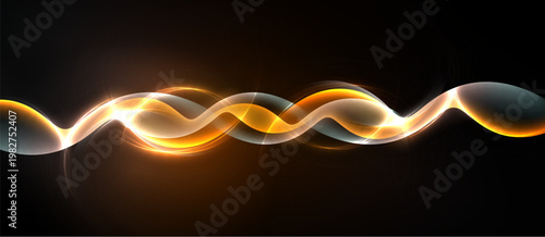 Bright wavy lines over dark background. Orange, yellow, white colors create dynamic visual effect. Smooth curves suggest movement.