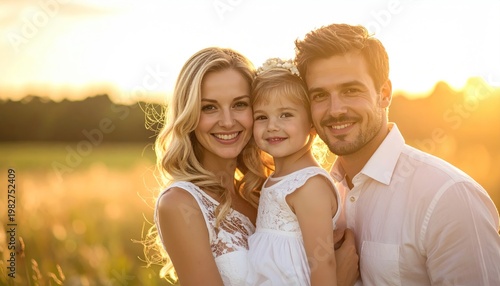 Happy Family Posing Together in a Golden Field at Sunset.