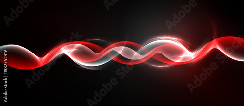 Abstract red, white waves flow across dark background. Smooth curves create dynamic visual effect. Brightness contrasts sharply.