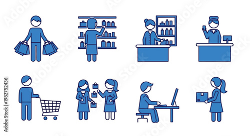Modern vector graphic illustration set of diverse people involved in retail, shopping, and commercial activities.