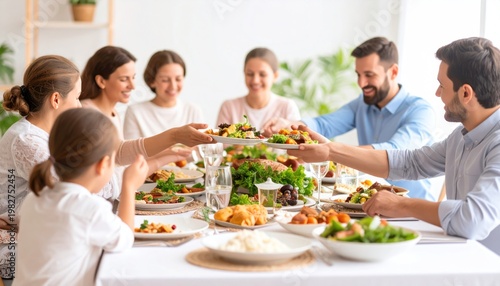 Happy multi-generational family enjoying a festive holiday meal together at a dining table.