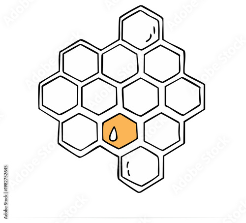 Single honeycomb cell filled with golden nectar among empty hexagonal chambers