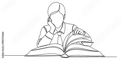 A continuous line drawing of a person sitting and reading a large book with intense focus today.