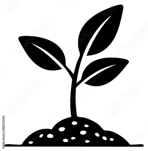 Black and white illustration of a young plant sprouting from fertile soil symbolizing growth and new beginnings