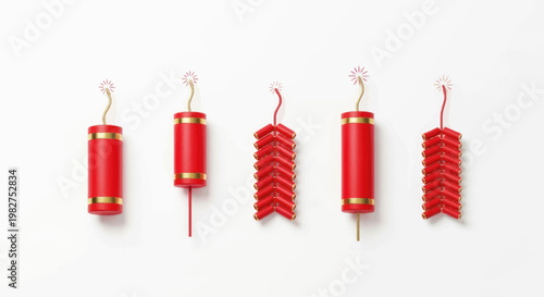 Red Firecrackers with Gold Accents on White Background - Chinese New Year Celebration