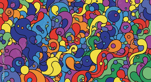Vibrant swirls, colorful abstract shapes, whimsical patterns, multicolored illustration
