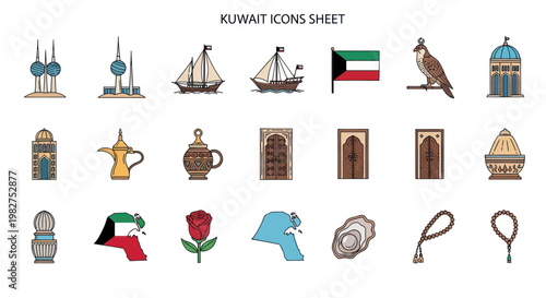 Kuwait Icons Sheet: Landmarks, Symbols, Culture, and Heritage Collection
