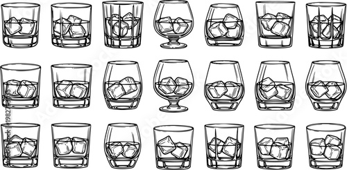 Black and White Line Art of Various Whiskey Glasses Filled with Ice Cubes