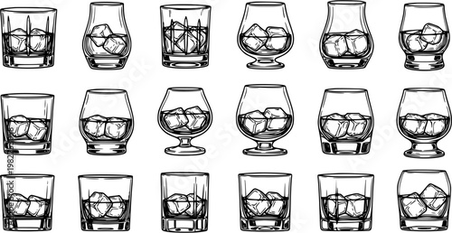 Black and White Line Art of Various Whiskey Glasses with Ice Cubes, Alcohol Drinkware Set