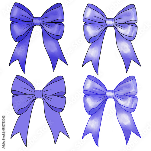 Set of Purple Bows on a Transparent Background with Texture, Colored, and Outline Variations. Ideal Clipart for Invitation Design