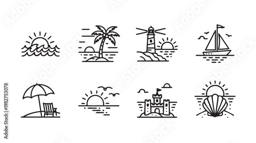 Set of 8 minimalist line art icons representing beach and ocean elements