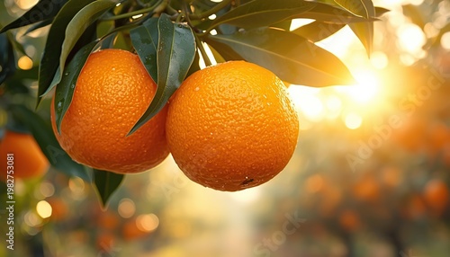 Fresh ripe oranges hanging on a tree branch with green leaves in a natural orchard setting