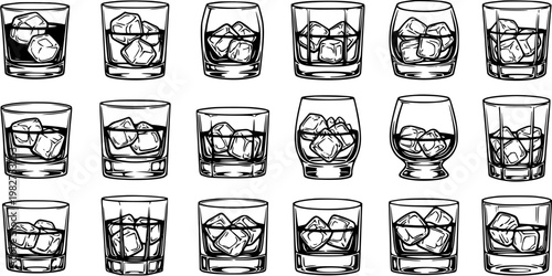 Black and White Line Art of Assorted Glasses with Ice Cubes, Beverage Iconography