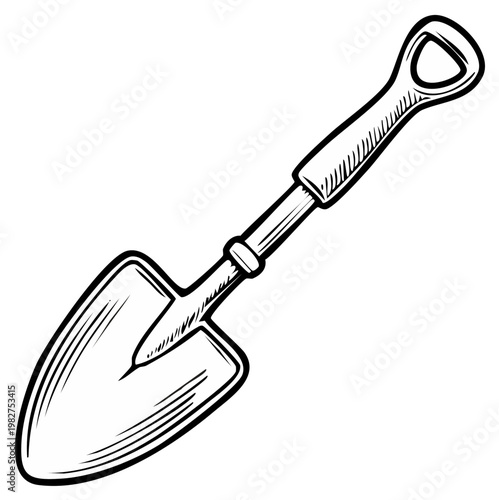 Detailed black and white illustration of a garden trowel. Gardening and yard work concept.
