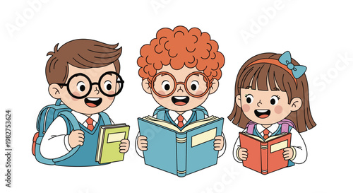 Three happy school children with backpacks and blue uniforms reading their books together in a friendly group for collective learning.