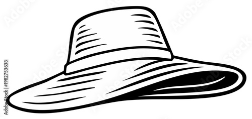 Elegant wide brim hat drawing with ribbon in black and white, vintage fashion accessory for sun protection and style