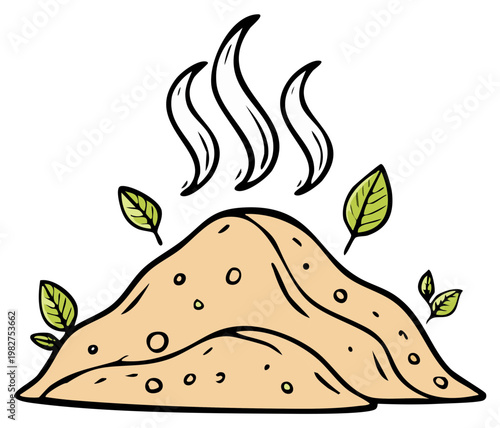 Illustration of a pile of earth with leaves and steam rising, representing composting or soil enrichment.