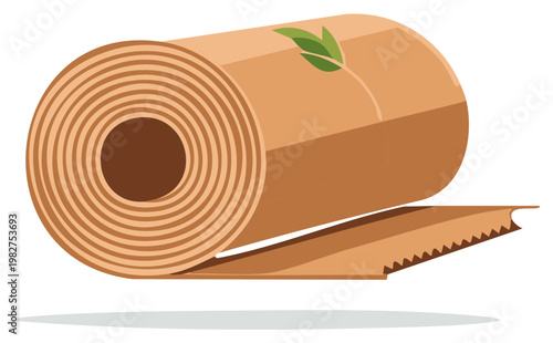 Cartoon roll of brown kraft paper with green leaf for ecological concept and environmentally friendly packaging in a vector illustration