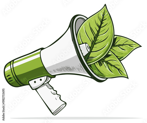Green megaphone with fresh leaves symbolizing eco-friendly communication and sustainability announcements
