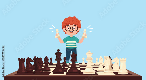 Creative young boy with glasses standing on a giant chessboard and holding two white chess pawns with pride and a happy smile.